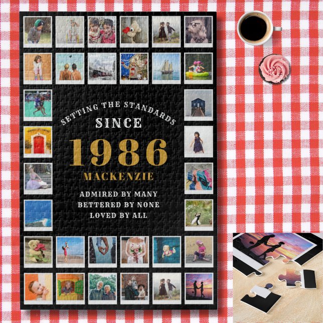 Puzzle 40th Birthday 1986 Family Memories Photo Collage  (1986 Photo template jigsaw puzzle. Background checked red and white tablecloth. )