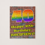 Puzzle 40th Birthday: Fun Graffiti-Inspired Rainbow 40<br><div class="desc">This vibrant and exciting urban street art and graffiti inspired birthday jigsaw puzzle design features a large number “40” with a colorful rainbow spectrum gradient inspired pattern, along with the message “Happy 40th Birthday, ”, and a personalized name. The background has a brick wall pattern. A colorful, customizable birthday puzzle...</div>