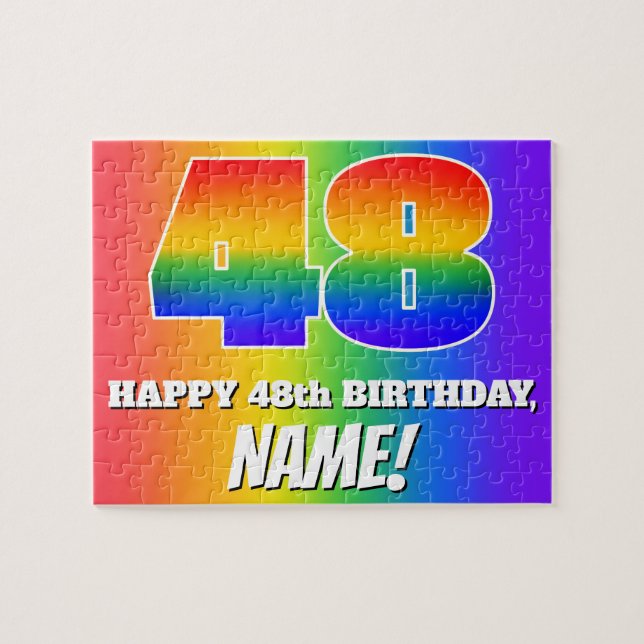 Puzzle 48º cumpleaños — Patrón arcoiris multicolor "48" (Horizontal)