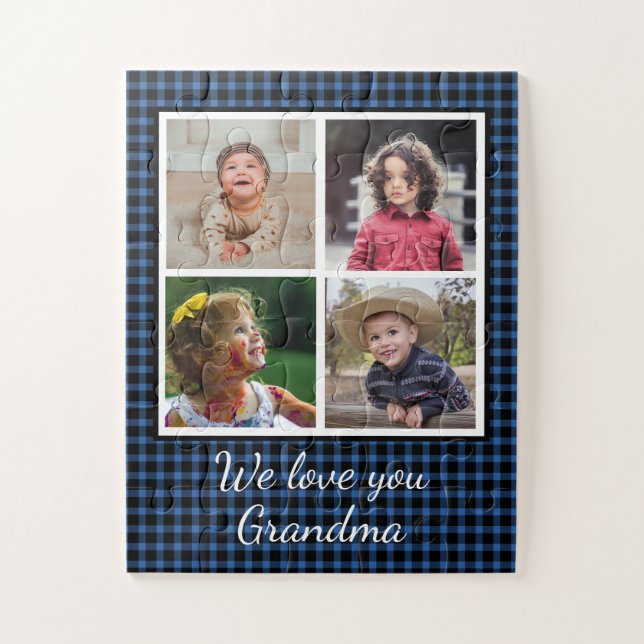 Puzzle 4 Collage de fotos Blue Buffalo Plaid Grandma (Vertical)