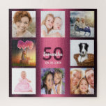 Puzzle 50.º collage de fotos de cumpleaños<br><div class="desc">Un regalo para el cumpleaños 50 de una mujer, celebrando su vida con un collage de 8 de tus fotos. Plantillas para un nombre, edad 50 y fecha. Fecha de nacimiento o fecha del aniversario. Letras de color morado oscuro y blanco. Color de fondo del degradado burdeos giratorio y femenino....</div>