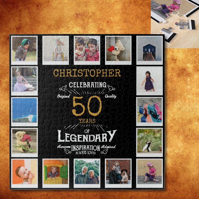 Puzzle 50.º Collage de fotos de oro negro (A personalized elegant 50th birthday vintage puzzle that is easy to customize but hard to complete)