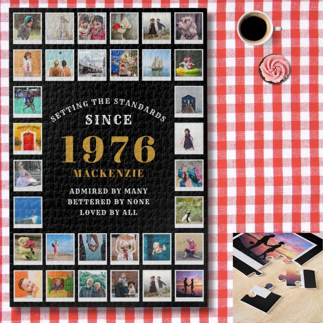 Puzzle 50th Birthday 1976 Family Memories Photo Collage (1976 photo collage jigsaw puzzle. Background red and white check tablecloth)