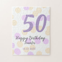 Puzzle 50th birthday add name date purple orange polkadot