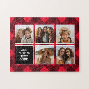 Puzzle 5 Collage de Fotos - Monograma Cuadro de Plaid Roj