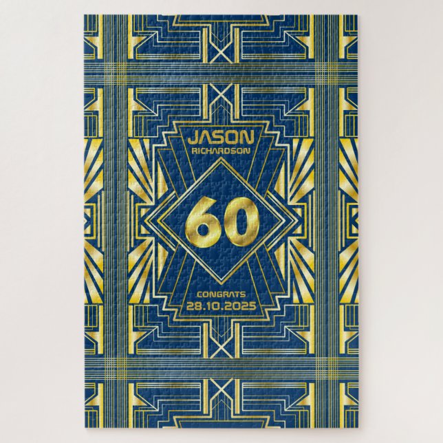 Puzzle 60.º cumpleaños Art Deco Oro Azul Gran Gatsby (Vertical)