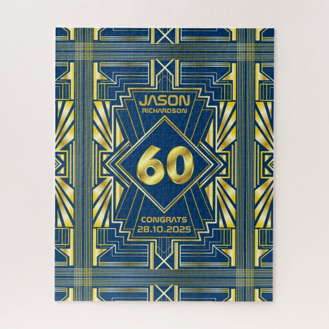 Puzzle 60.º cumpleaños Art Deco Oro Azul Gran Gatsby (Vertical)