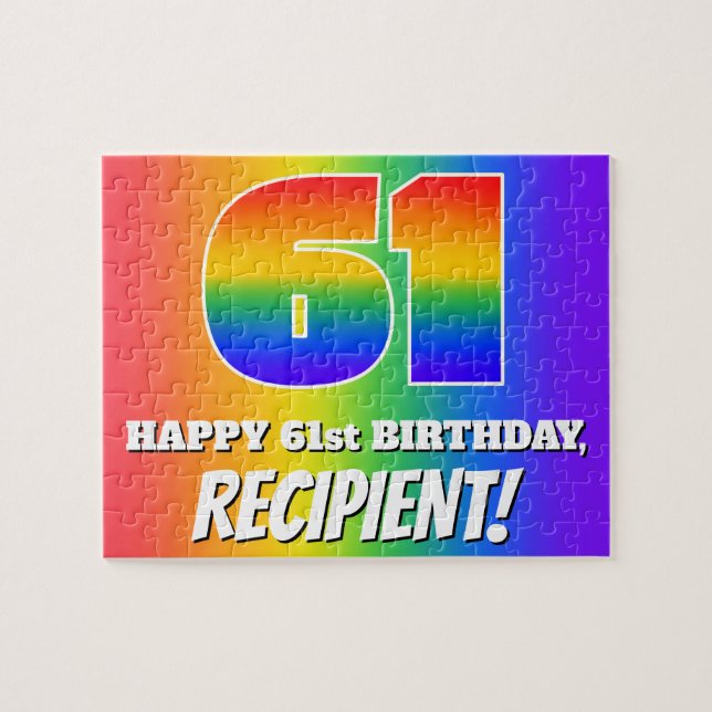 Puzzle 61º cumpleaños — Patrón arcoiris multicolor "61" (Horizontal)