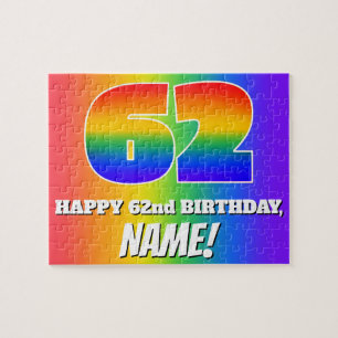 Puzzle 62º cumpleaños — Patrón arcoiris multicolor "62"