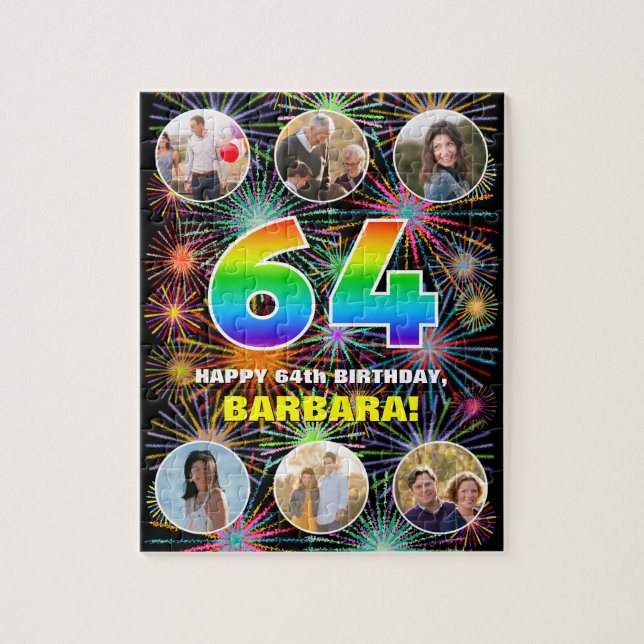 Puzzle 64º Cumpleaños: divertido arcoíris #, nombre perso (Vertical)