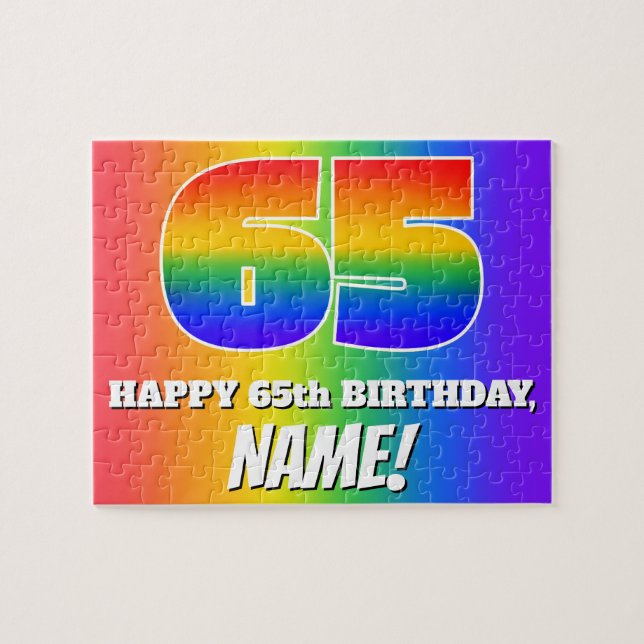 Puzzle 65º cumpleaños — Patrón arcoiris multicolor "65" (Horizontal)