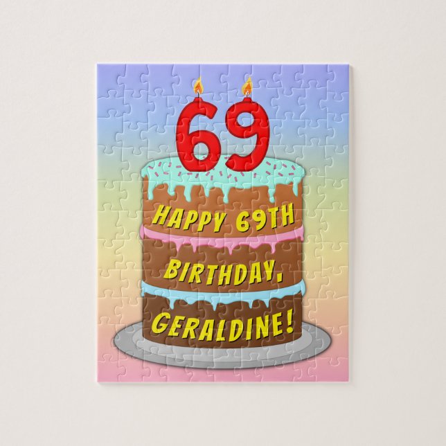 Puzzle 69º cumpleaños: Torta divertida y velas + nombre p (Vertical)