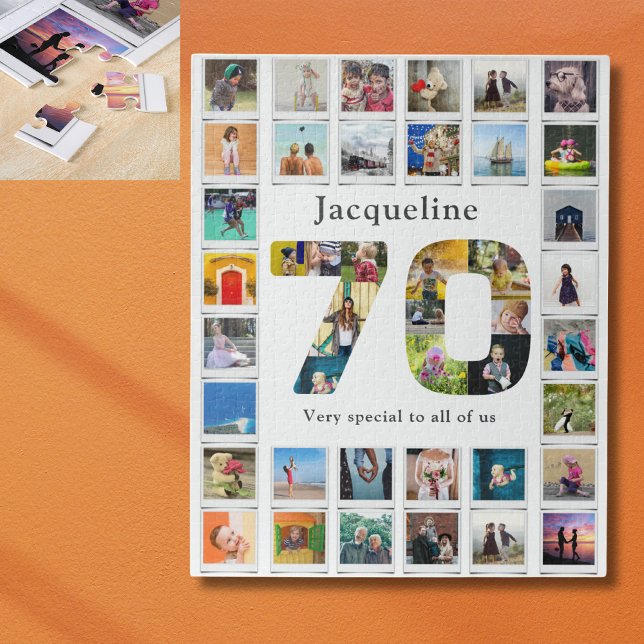 Puzzle 70.ª plantilla de fotos familiares de cumpleaños (Personalized 70th Birthday family photo collage jigsaw puzzle.)