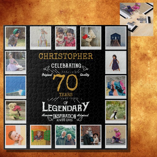 Puzzle 70.º Collage de fotos de oro negro (A personalized elegant 70th birthday vintage puzzle that is easy to customize but hard to complete)