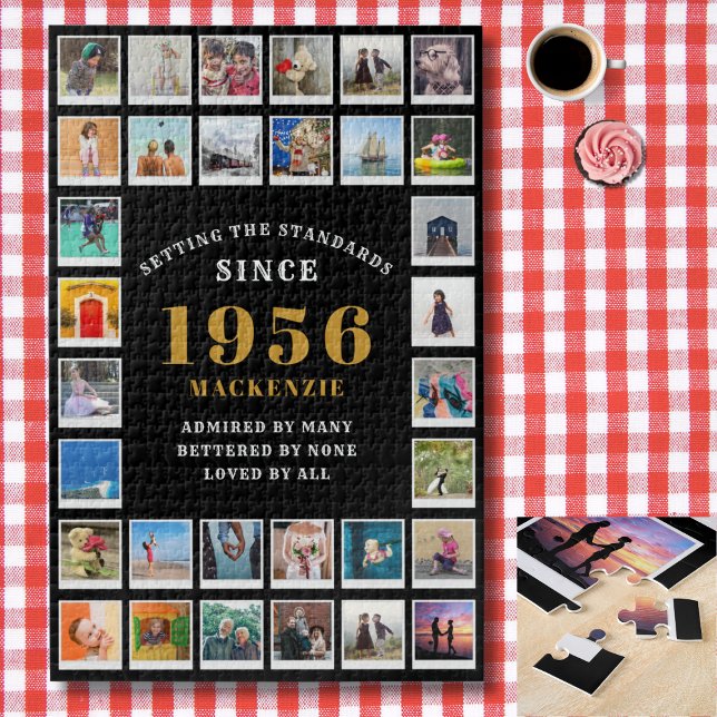 Puzzle 70th Birthday 1956 Family Memories Photo Collage (1956 photo collage jigsaw puzzle. Background red and white check tablecloth)