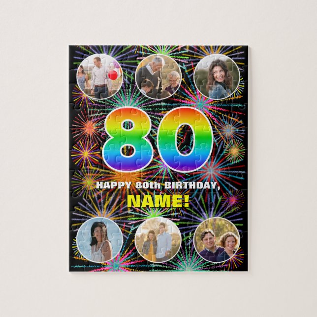 Puzzle 80.º cumpleaños: Arcoiris divertido #, nombre pers (Vertical)