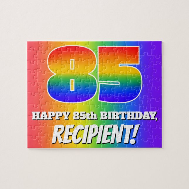 Puzzle 85º cumpleaños — Patrón arcoiris multicolor "85" (Horizontal)