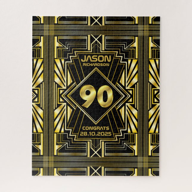 Puzzle 90 cumpleaños Art Deco Oro Gran Gatsby Negro (Vertical)