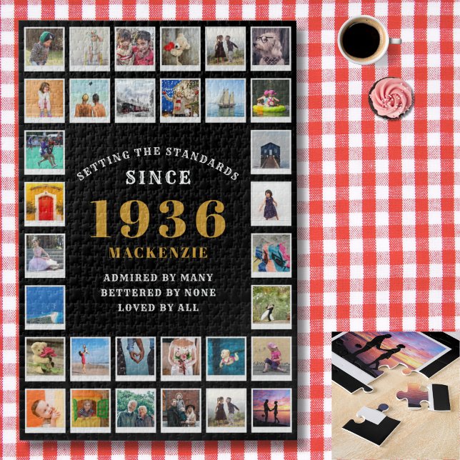 Puzzle 90th Birthday 1936 Family Memories Photo Collage (1936 photo collage jigsaw puzzle. Background red and white check cloth.)