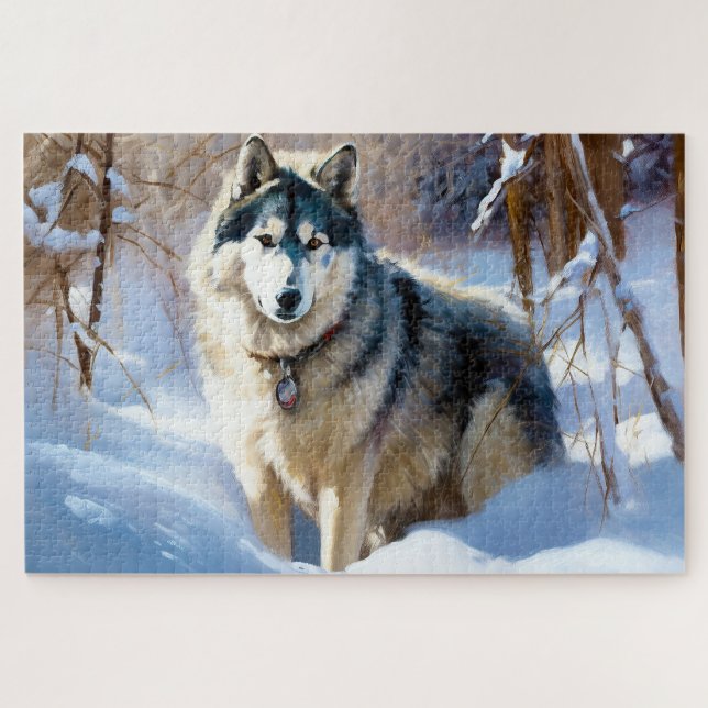 Puzzle Aaskan Malamute deja que nieve Navidades (Horizontal)