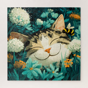 Puzzle Abeja de acuarela gato durmiendo jardín de flores