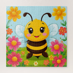 Puzzle Abeja de dibujos animados alegre rodeada de flores