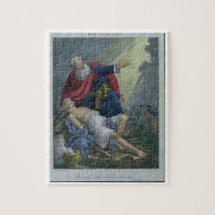 Puzzle Abraham que ofrece encima de su hijo Isaac, de una