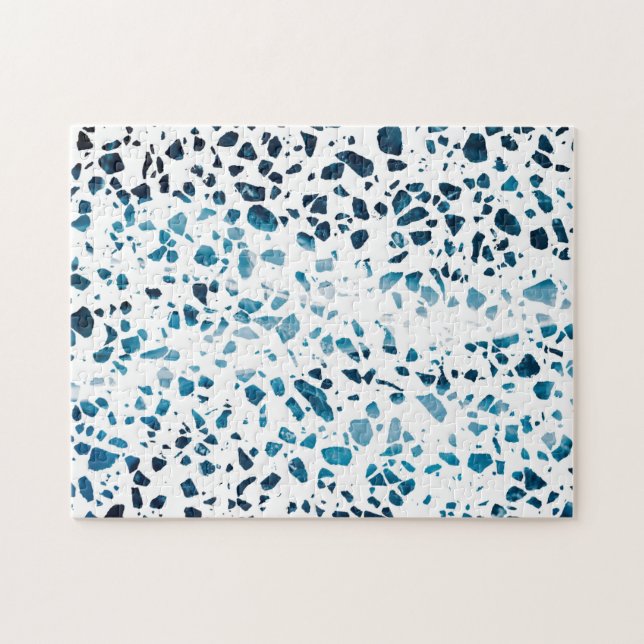 Puzzle Abstract Terrazzo Mosaic Navy & Light Blue Pattern (Horizontal)