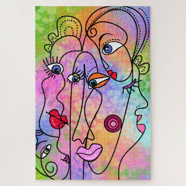 Puzzle Abstract Women Faces Moods - Cubism Style Drawing  (Vertical)