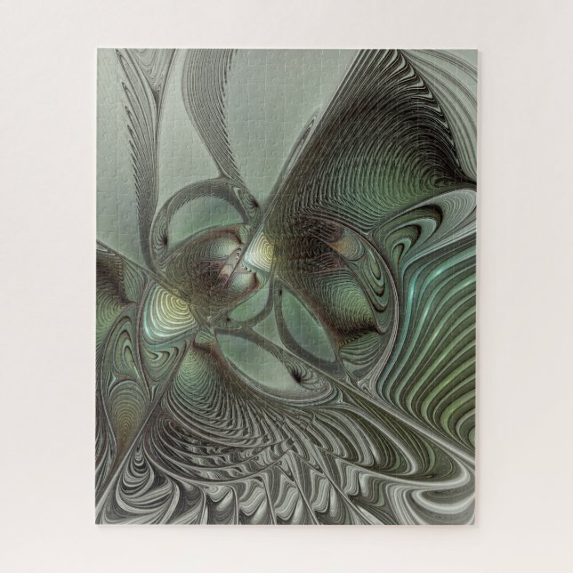 Puzzle Abstracto Olive Sage Green Grey Fractal Art Fantas (Vertical)