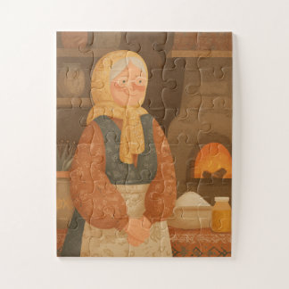 Puzzle Abuela eslava tradicional junto a una cálida estuf