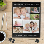 Puzzle Abuelos 6 Fotografía en negro<br><div class="desc">Dale a los mejores abuelos un regalo divertido con este rompecabezas negro de collage de fotos personalizados. Puedes personalizar con seis fotos familiares de nietos, familiares, mascotas, etc., y personalizar la expresión "Te amo" o "Te amamos", y cómo se les llama "Abuela y Abuelo", "Mamá y Pop Pop", etc. También...</div>