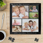 Puzzle Abuelos, te queremos, foto negra personalizada<br><div class="desc">Celebra a los mejores abuelos con este rompecabezas negro de collage de fotos personalizados. Puedes personalizar con seis fotos familiares de nietos, familiares, mascotas, etc., y personalizar la expresión "Te amo" o "Te amamos", y cómo se les llama "Abuela y Abuelo", "Mamá y Pop Pop", etc. También puede agregar los...</div>