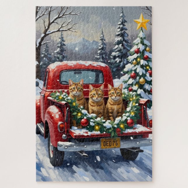 Puzzle Abyssinian Cat Christmas Red Truck Holiday (Vertical)