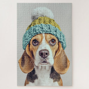 Puzzle Acogedor beagle en un Gorra de invierno