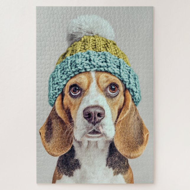 Puzzle Acogedor beagle en un Gorra de invierno (Vertical)