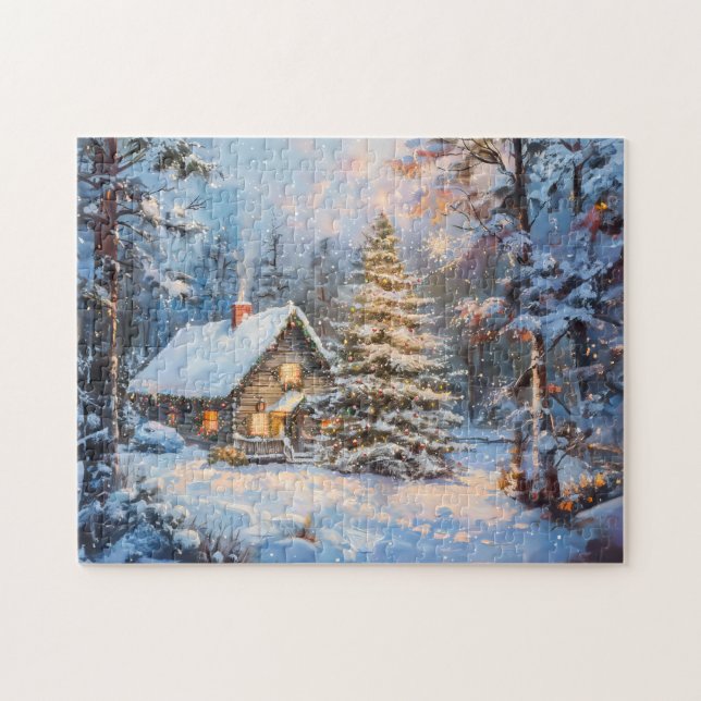 Puzzle Acogedora cabaña de invierno con árbol de Navidad (Horizontal)
