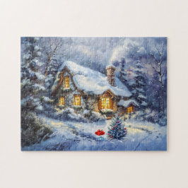 Puzzle Acogedora cabaña de invierno con árbol de Navidad