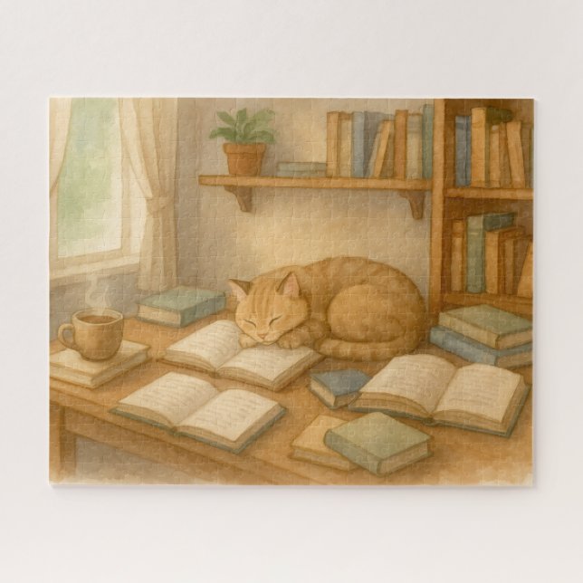 Puzzle Acogedora sala de estudio con un gato (Horizontal)
