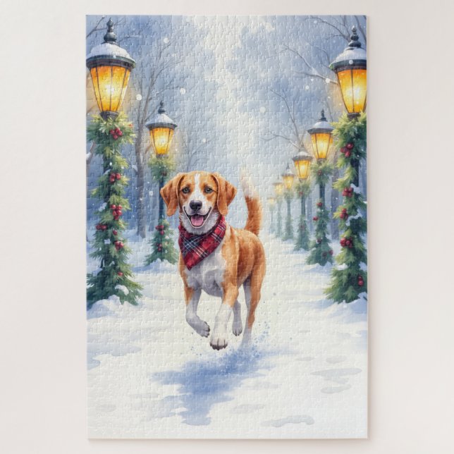 Puzzle Acuarela Beagle Parque Nevado Navidad Fiesta (Vertical)