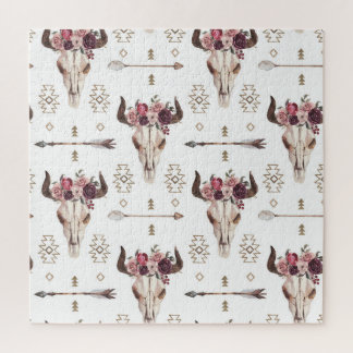 Puzzle acuarela Boho: flechas, patrón de cráneo.