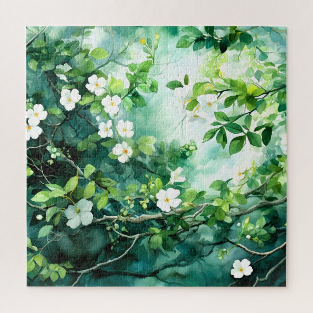Puzzle Acuarela Botánica Flores Blancas Hojas Verdes (Vertical)