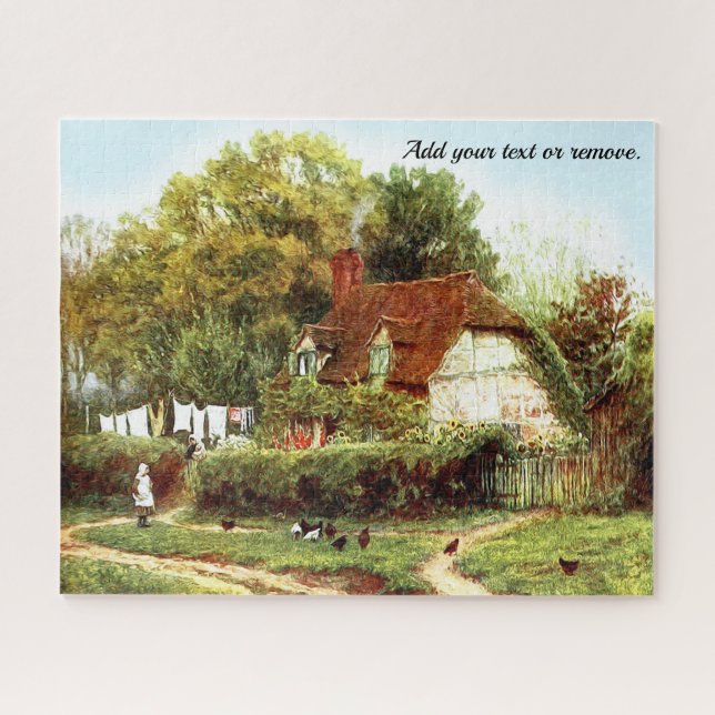 Puzzle Acuarela de cabaña inglesa, chica y pollos, (Horizontal)