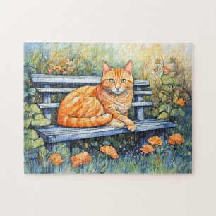 Puzzle Acuarela de gato en banco en jardín de flores