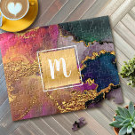 Puzzle acuarela de mármol, monograma azul violeta dorado<br><div class="desc">Un cuadrado de Relieve metalizado dorado brillante y falso con una tipografía de escritura monograma inicial sobre un rico fondo de color azul marino, verde cazador, rosa y morado en este elegante rompecabezas monocromático, moderno, moderno y moderno. ¡Hace un gran regalo único, personalizado, personalizado para alguien especial! Viene en una...</div>