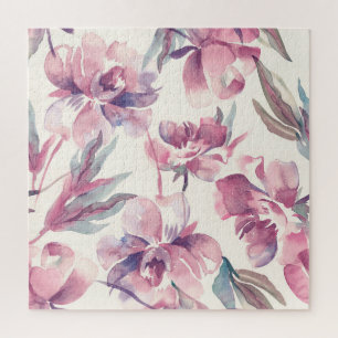 Puzzle acuarela de peonies: fondo floral sin fisuras.