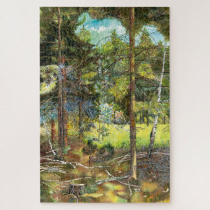 Puzzle acuarela de pintura de bosques de pino
