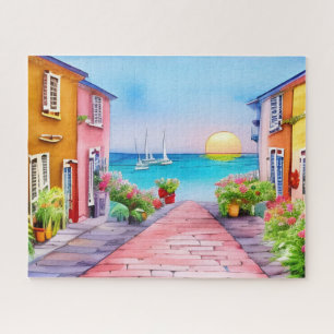 Puzzle Acuarela de Sunset Village Seaside