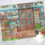 Puzzle Acuarela del mercado de agricultores<br><div class="desc">El rompecabezas de la sierra de Henhouse Farmers Market Storefront - Esta obra de arte original presenta un vibrante mercado de agricultores de verano lleno de verduras frescas, productos caseros y algunos curiosos pollos que viven en la granja. Las ventanas de la tienda muestran deliciosos pasteles, mermeladas, miel y otros...</div>