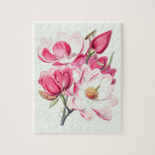 Puzzle Acuarela Flores de Magnolia Rosa Botánica